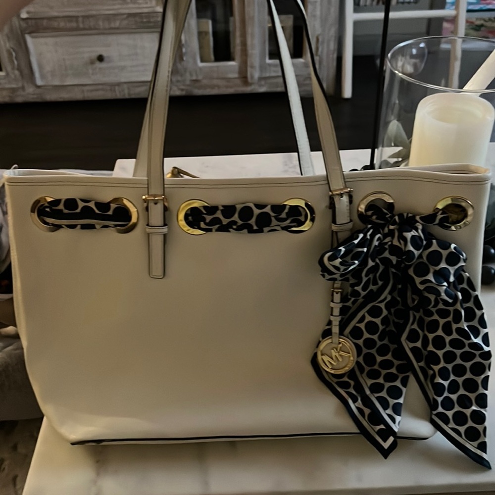 Michael Kors tote gold hardware navy blue dot scarf.